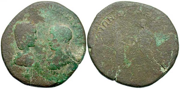 Double-Portrait coin of Elagabalus and Julia Paula of Perinthus